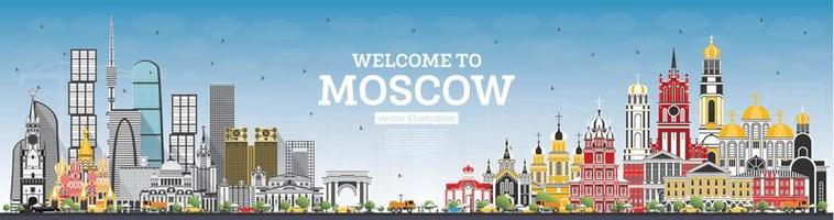 willkommen in der skyline von moskau russland mit grauen gebäuden und blauem himmel.