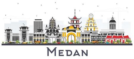 medan indonesien stadtskyline mit farbigen gebäuden isoliert auf weiß. vektor