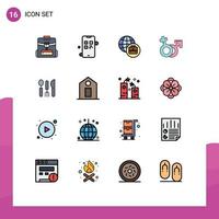 16 universelle, flache, farbig gefüllte Zeichensymbole für Reisehotels, internationales Business-Besteck, männliche, editierbare, kreative Vektordesign-Elemente vektor