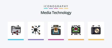 media teknologi linje fylld 5 ikon packa Inklusive händer. direktör. inspelare. radio antenn. station. kreativ ikoner design vektor