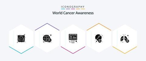 World Cancer Awareness 25 Glyphen-Icon-Pack inklusive Lunge. Krebs. Werbetafel. Medizin. Tablette vektor