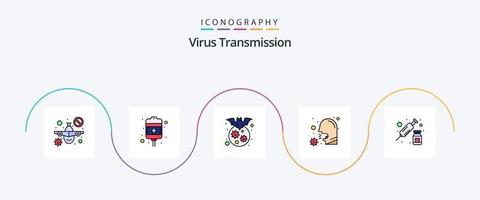 virus överföring linje fylld platt 5 ikon packa Inklusive injektion. sjukdom. fladdermus. sjukvård. hosta vektor