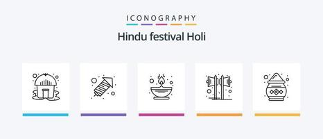 Holi Line 5 Icon Pack inklusive Hütte. Topf. Klang. Indien. Funke. kreatives Symboldesign vektor