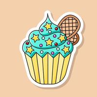 Vektor-Cartoon-Cupcake-Aufkleber. isoliertes süßes dessert mit schokoladenpunkten und waffeln und sternen vektor