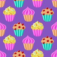 Cupcakes Vektor nahtloses Muster. bunte desserts der karikatur auf purpurrotem hintergrund