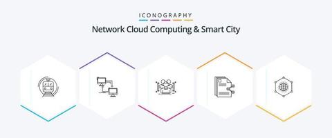 nätverk moln datoranvändning och smart stad 25 linje ikon packa Inklusive delning. innehåll. synkronisera. offentlig. data vektor