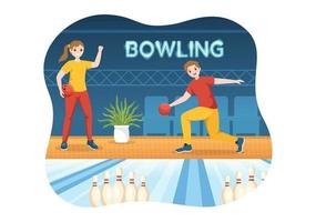 bowlingspielillustration mit stiften, bällen und anzeigetafeln in einem sportverein für webbanner oder zielseite in handgezeichneten vorlagen der flachen karikatur vektor