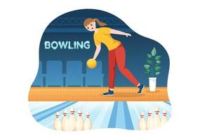 bowlingspielillustration mit stiften, bällen und anzeigetafeln in einem sportverein für webbanner oder zielseite in handgezeichneten vorlagen der flachen karikatur vektor