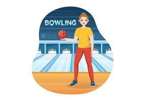 bowlingspielillustration mit stiften, bällen und anzeigetafeln in einem sportverein für webbanner oder zielseite in flachen handgezeichneten karikaturvorlagen vektor