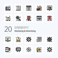 20 Marketing- und Werbezeilen gefüllte Farbsymbolpakete wie Tipps zur Speicherung von Inhalten Ankündigungsmarketing-Werbetipps vektor