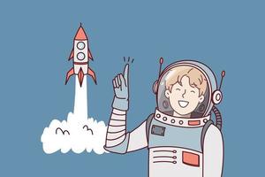 mann in astronautenkleidung zeigt mit dem finger nach oben und steht in der nähe des abhebenden raumschiffs. Typ im Raumanzug ist Mitglied der Weltraumexpedition, um die Entkolonialisierung von Planeten in der Galaxie zu studieren. flaches Vektordesign vektor