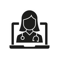 uppkopplad digital medicin silhuett ikon. läkare i dator medicinsk hälsa vård uppkopplad glyf svart piktogram. virtuell medicin service ikon. telemedicin. isolerat vektor illustration.