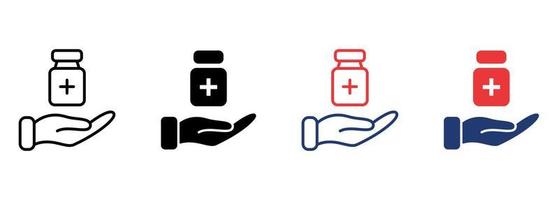 medicinsk donation ikon. humanitär hjälpa för behövande, fattig, hemlös och sjuk. hand ikon och medicinsk förnödenheter. välgörenhet och donation begrepp. redigerbar stroke. vektor illustration.