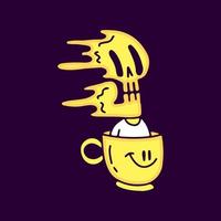Trippy Skelett in Tasse Kaffee Cartoon, Illustration für T-Shirt, Aufkleber oder Bekleidungswaren. mit modernem Pop und Retro-Stil. vektor