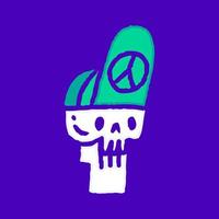 skalle bär Snapback hatt med fred symbol tecknad serie, illustration för t-shirt, klistermärke, eller kläder handelsvaror. med modern pop- och retro stil. vektor
