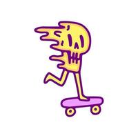 rolig förvrängd skalle karaktär ridning skateboard tecknad serie, illustration för t-shirt, klistermärke, eller kläder handelsvaror. med modern pop- och retro stil. vektor