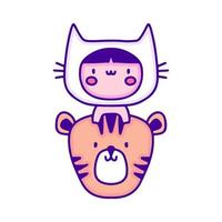 süßes baby im katzenkostüm mit tigergekritzelkunst, illustration für t-shirt, aufkleber oder bekleidungswaren. mit modernem Pop und Kawaii-Stil. vektor