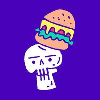 lustiger Schädelkopf und Burger-Cartoon, Illustration für T-Shirt, Aufkleber oder Bekleidungswaren. mit modernem Pop und Retro-Stil. vektor