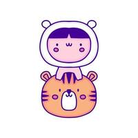 schönes baby im tierkostüm mit tigergekritzelkunst, illustration für t-shirt, aufkleber oder bekleidungswaren. mit modernem Pop und Kawaii-Stil. vektor