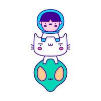 süßer Baby-Astronaut mit Katzen- und Alien-Doodle-Kunst, Illustration für T-Shirts, Aufkleber oder Bekleidungswaren. mit modernem Pop und Kawaii-Stil. vektor