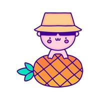 söt bebis i hink hatt med ananas frukt klotter konst, illustration för t-shirt, klistermärke, eller kläder handelsvaror. med modern pop- och söt stil. vektor