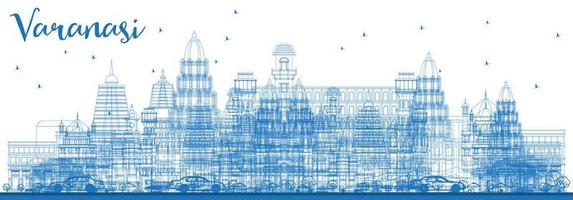 skizzieren sie die skyline von varanasi indien mit blauen gebäuden. vektor