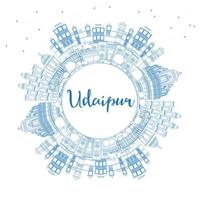 skizzieren sie die skyline der stadt udaipur indien mit blauen gebäuden und kopierraum. vektor