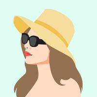 schönes Mädchengesichtsporträt. Frau mit Strandhut und Sonnenbrille. Seitenansicht. geeignet für Social-Media-Profil-Avatar, Druck, Aufkleber usw. Vektorillustration.
