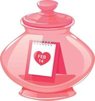 Glasgefäß mit einem Kalender für den Valentinstag am 14. Februar. vektor