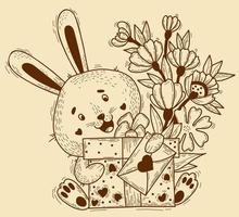 Hasencharakter. süßer fröhlicher osterhase mit großem geschenk, brief und blumen. Vektor-Illustration. linear handgezeichnet. lustiges tier für design und dekoration, grußkarten vektor