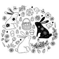 bra påsk uppsättning. söt påsk kaniner, påsk korg med ägg och blommor, fåglar och påsk kakor. vektor illustration. översikt dragen klotter stil isolerat element för design, dekor och dekoration