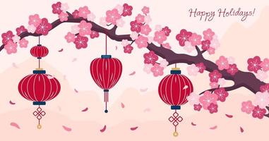 kinesisk lyktor hängande från en blomning körsbär gren, sakura gren, traditionell dekorationer för lykta festival, konst, omslag för kalendrar, inbjudningar, hälsningar, webb. vektor