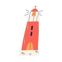 Cartoon-Leuchtturm, handgezeichnete flache Vektorillustration isoliert auf weißem Hintergrund. süße Leuchtturmzeichnung. Konzepte von Navigation, Urlaub, Reisen und Hafen. vektor