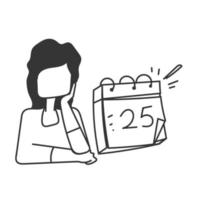 hand gezeichnete gekritzelfrau schaut auf kalender und realisiert etwas illustration vektor