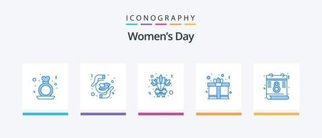 Womens Day Blue 5 Icon Pack inklusive Kalender. Herz. Frieden. Geschenkbox. Rose. kreatives Symboldesign vektor