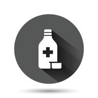 piller flaska ikon i platt stil. läkemedel vektor illustration på svart runda bakgrund med lång skugga effekt. apotek cirkel knapp företag begrepp.