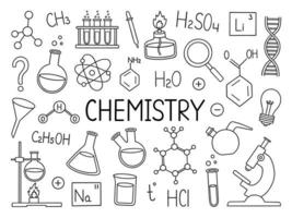 Chemie-Doodle-Set. chemische laborgeräte im skizzenstil. Flaschen, Formeln, Mikroskop, Brenner handgezeichnete Vektorgrafik isoliert auf weißem Hintergrund vektor