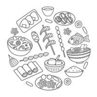asiatische Lebensmittel-Doodle-Set. asiatische küche im skizzenstil. hand gezeichnete vektorillustration lokalisiert auf weißem hintergrund vektor