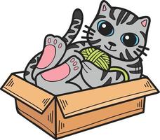 hand dragen randig katt spelar med garn i en låda illustration i klotter stil vektor