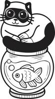 hand dragen katt på fisk skål illustration i klotter stil vektor