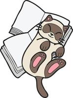 hand dragen katt liggande på stack av böcker illustration i klotter stil vektor