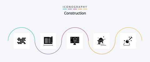 konstruktion glyf 5 ikon packa Inklusive verktyg. konstruktion. Hem. skottkärra. vagn vektor