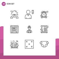 Stock Vector Icon Pack mit 9 Zeilenzeichen und Symbolen für Tischler-Arbeiter beobachten Web-Login editierbare Vektordesign-Elemente