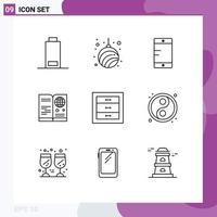 Stock Vector Icon Pack mit 9 Zeilenzeichen und Symbolen für Schränke internationale mobile Reise-ID editierbare Vektordesign-Elemente