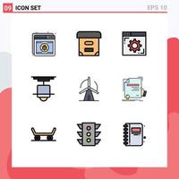 Gruppe von 9 gefüllten flachen Farbzeichen und Symbolen für die Innendekoration des Turbinenlampen-Browsers, editierbare Vektordesign-Elemente vektor