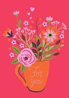 Valentinstagskarte mit einem Becher Blumen. Vektorgrafiken. vektor