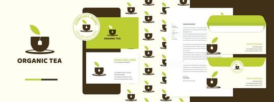 Bio-Teetasse oder Kaffee-Logo mit Teeblatt und Branding-Design mit Visitenkarte, Briefkopf, Muster, Umschlag, Aufkleber