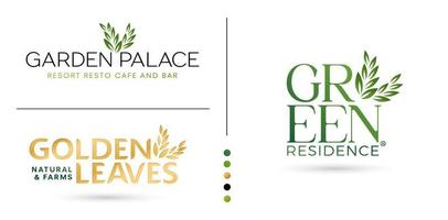 illustration av grön bostad, gyllene löv, trädgård palats logotyper brev typ isolerat vit bakgrund för branding och identitet design, företags- mark logotyp, konceptuell identitet mönster företag vektor