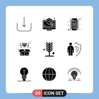 Stock Vector Icon Pack mit 9 Zeilenzeichen und Symbolen für Umweltprodukt-Chip-Diamantbox editierbare Vektordesign-Elemente