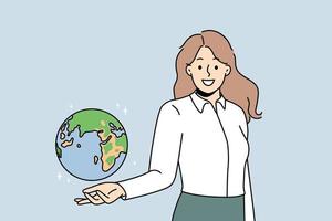 leende ung kvinna lärare innehav klot på hand. Lycklig kvinna geografi handledare som visar planet jord modell. utbildning och inlärning. vektor illustration.